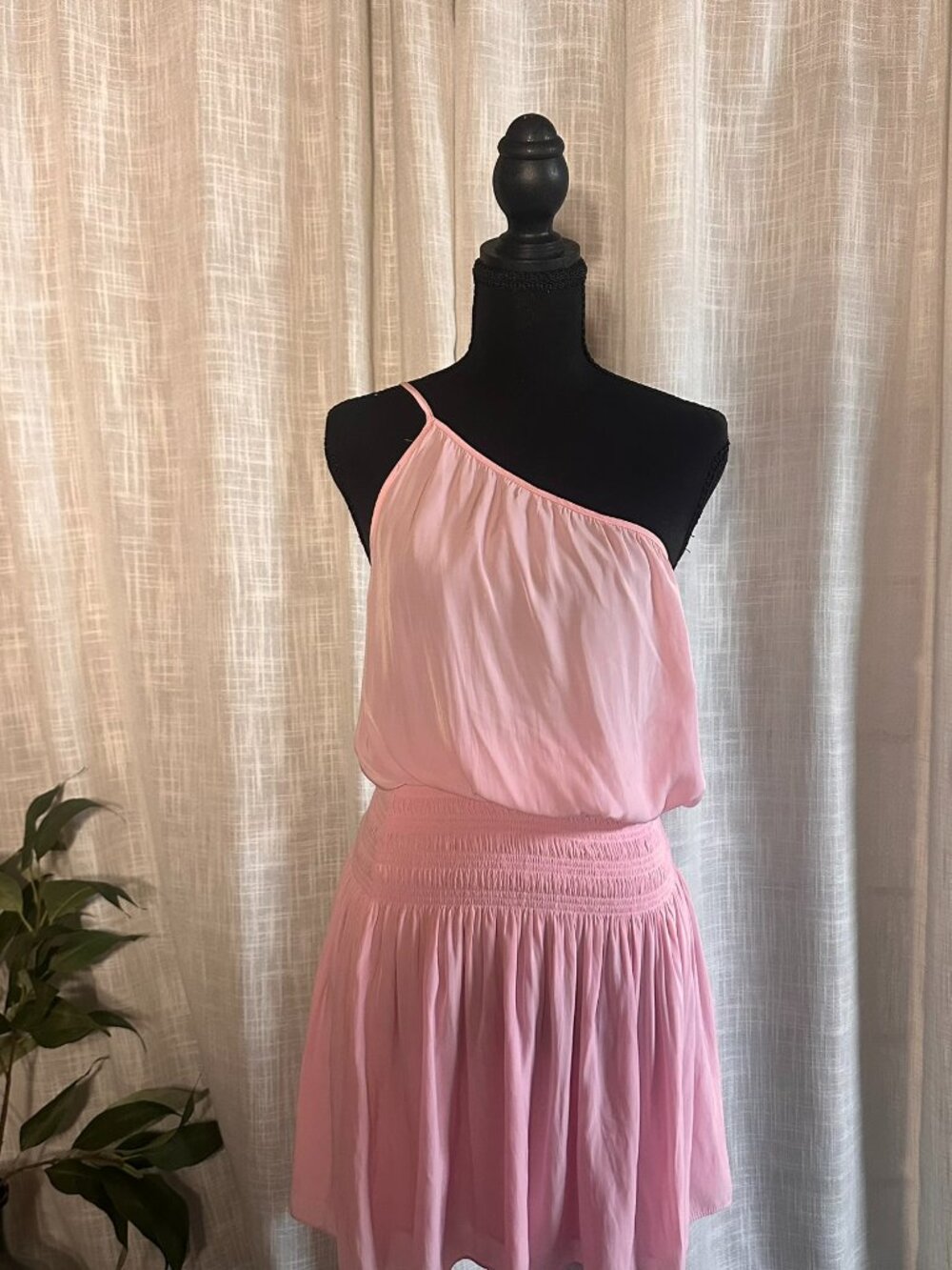 Ramy Brook Pink One Shoulder Smocked Waist Mini Dress